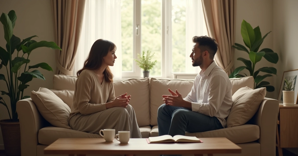 Pareja conversando en una sala con distancia cercana y actitud serena