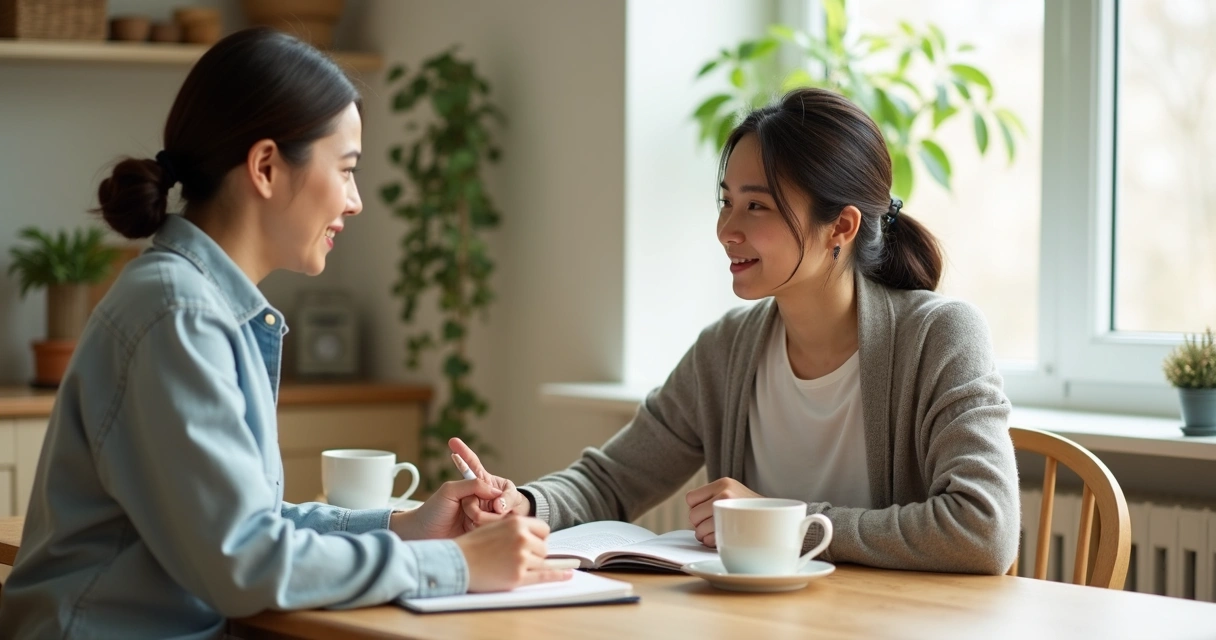 Pareja conversando en una mesa con cuaderno y tazas