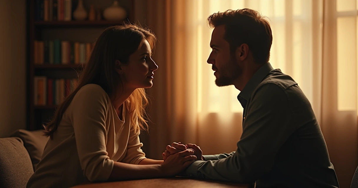 Pareja sentados frente a frente, mirándose con atención en una conversación íntima