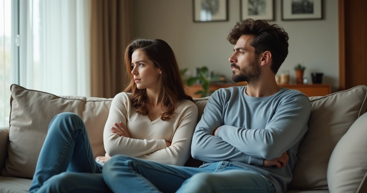 Pareja sentada en una sala, ambos mirando hacia lados opuestos, con gestos tensos y distantes 