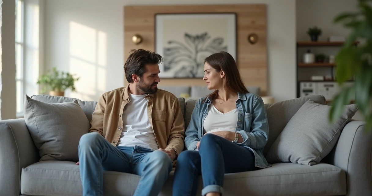 Pareja sentada en un sofá evitando el contacto; gesto de incomodidad y distancia emocional.
