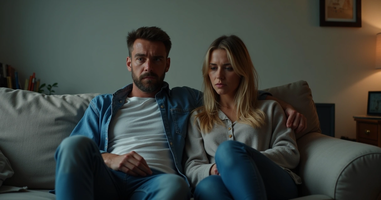 Pareja discutiendo sentados en una sala