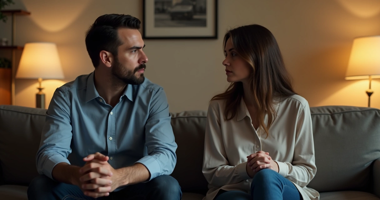Pareja sentada en un sofá discutiendo, ambos con gestos serios y distantes