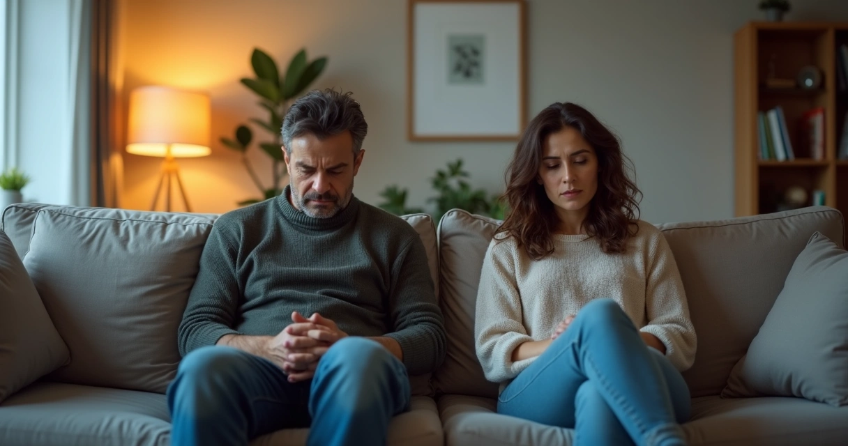 Pareja sentada en un sofá mirando en direcciones opuestas en silencio 