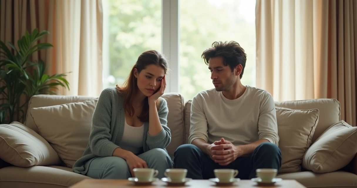 Pareja sentada en un sofá con distancia emocional visible 