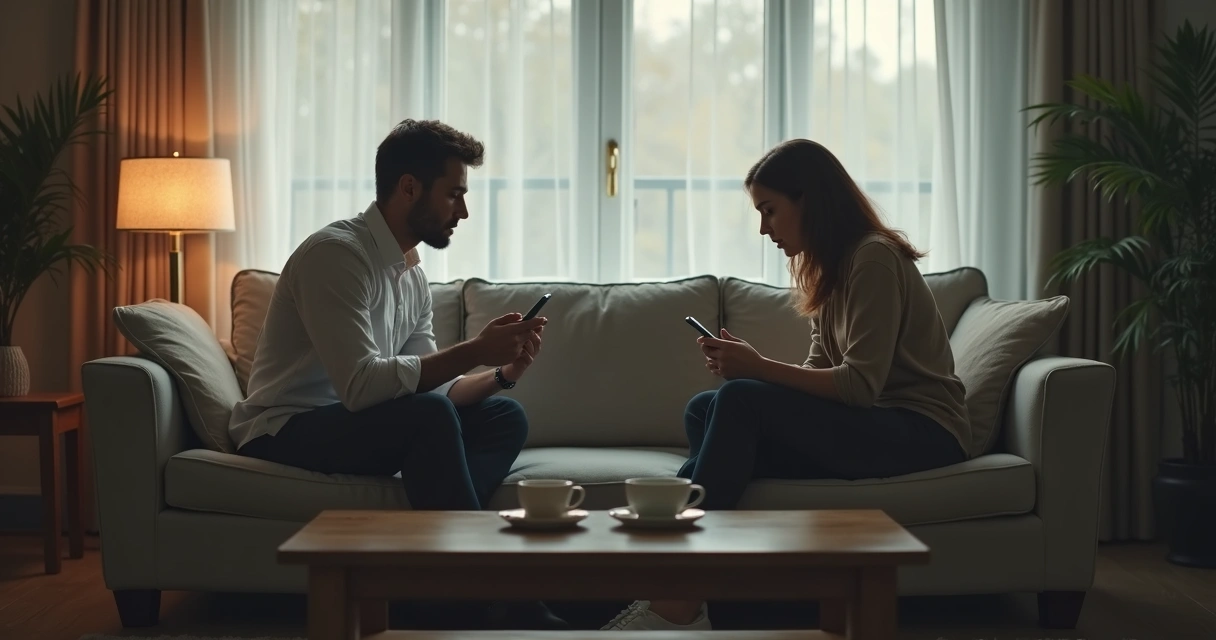 Pareja sentada en silencio con distancia emocional