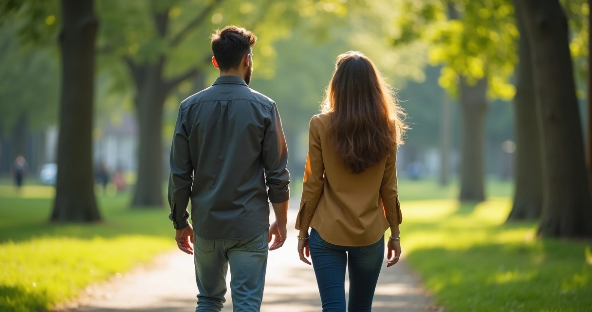 Dos personas separadas en un parque, cada una caminando en direcciones opuestas