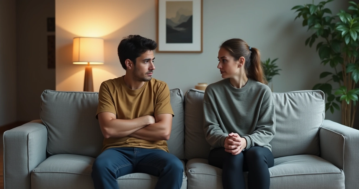 Dos personas sentadas distantes en un sofá miran en direcciones opuestas 