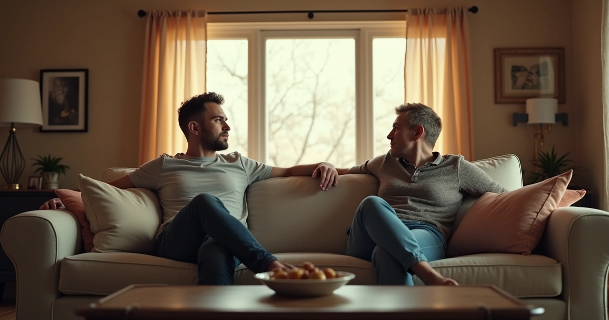 Dos personas sentadas en un sofá visiblemente distantes y distraídas, ambas mirando hacia lados opuestos. 