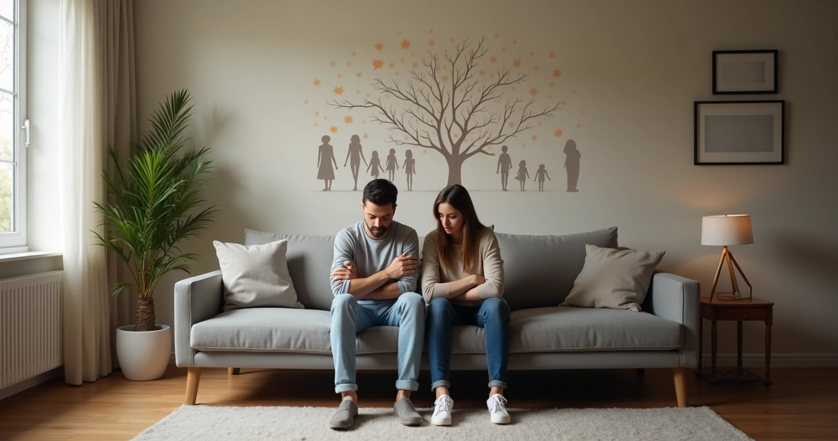 Pareja sentada en un sofá con distancia emocional entre ellos 