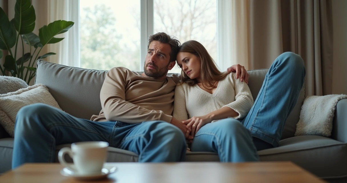 Pareja sentada en un sofá con distancia emocional visible 