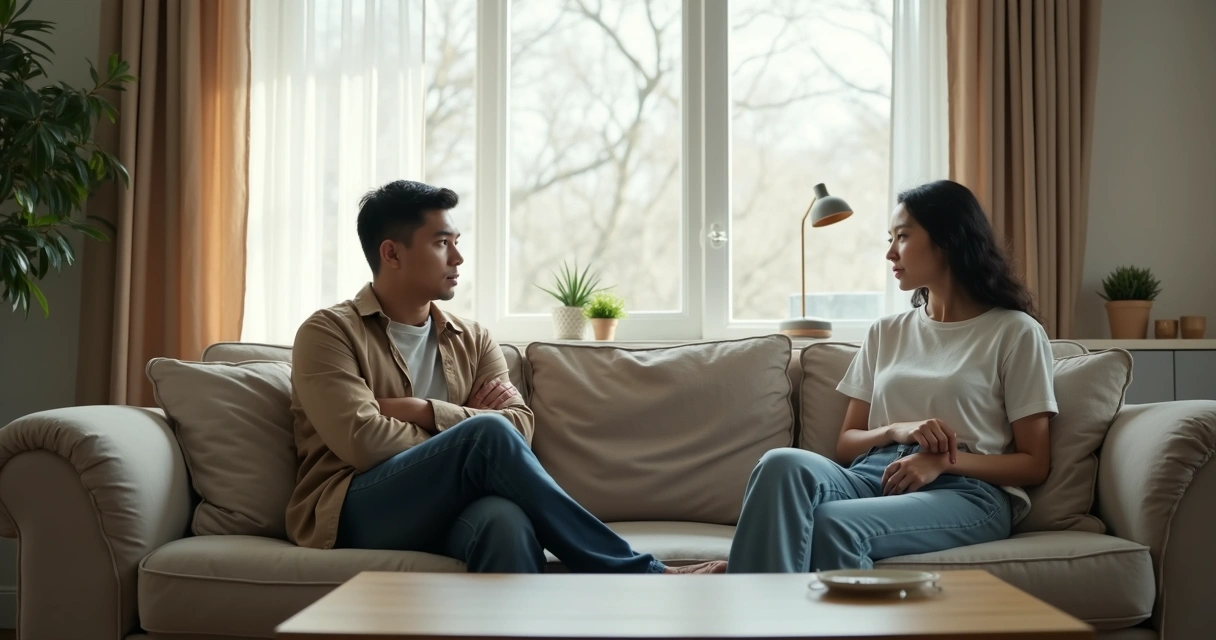 Pareja sentada en un sofá con distancia física y ambiente tenso