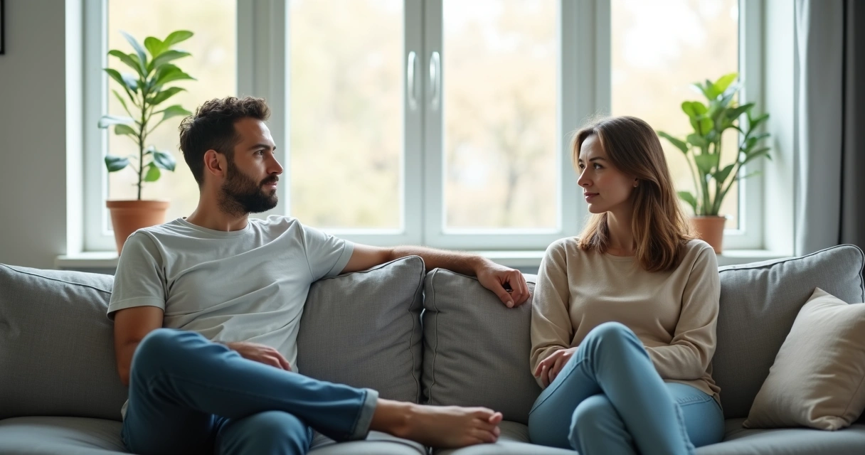 Pareja sentada en un sofá, mostrando distancia emocional en casa 