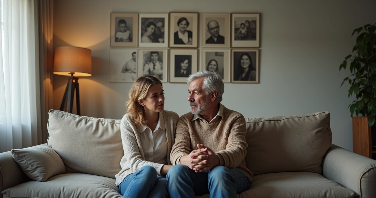 Pareja discutiendo en una sala de estar, fondo con fotos familiares antiguas