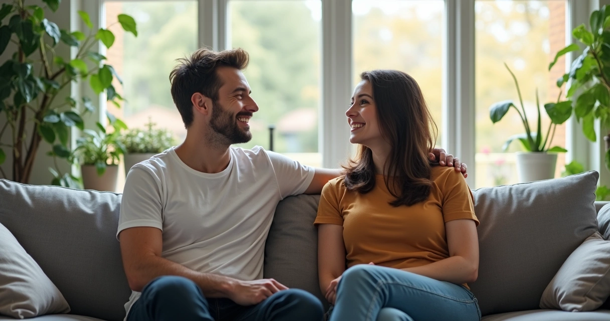 Pareja conversando sentados en un sofá modernos, luminoso salón 