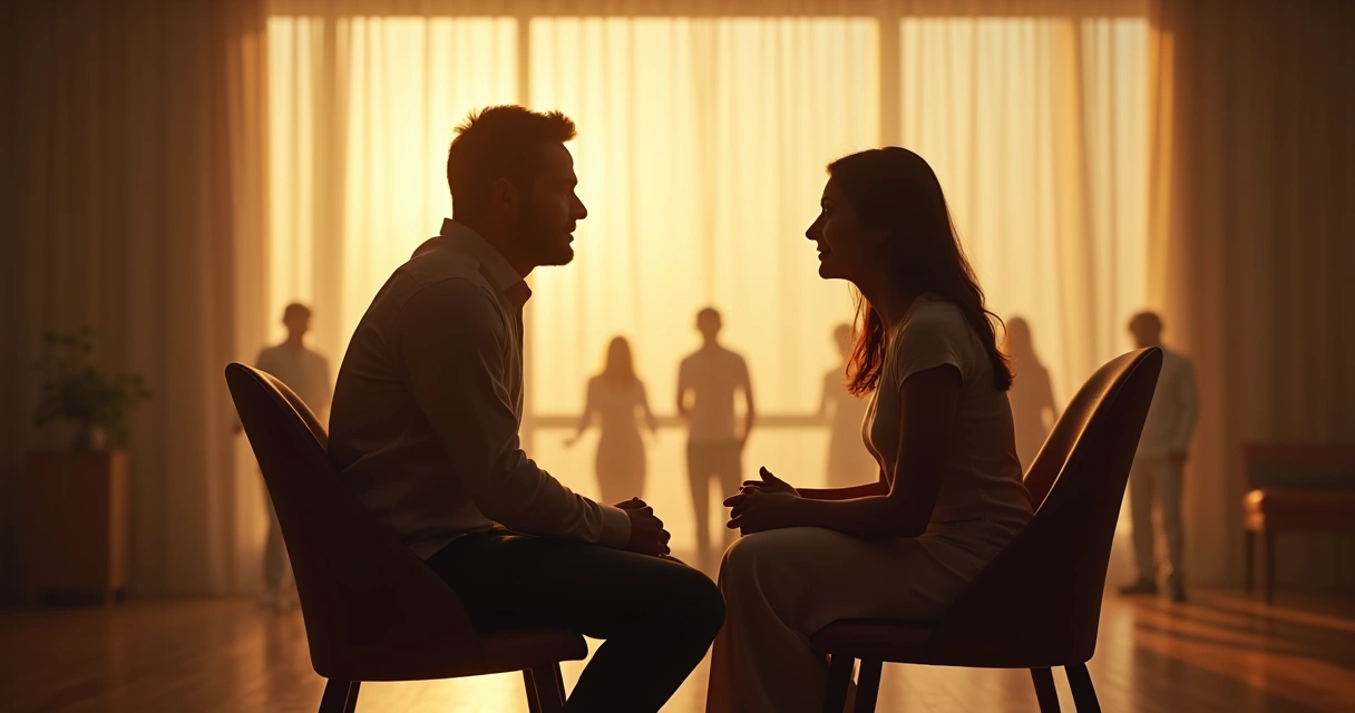 Casal sentado frente a frente em uma sessão de constelação sistêmica 