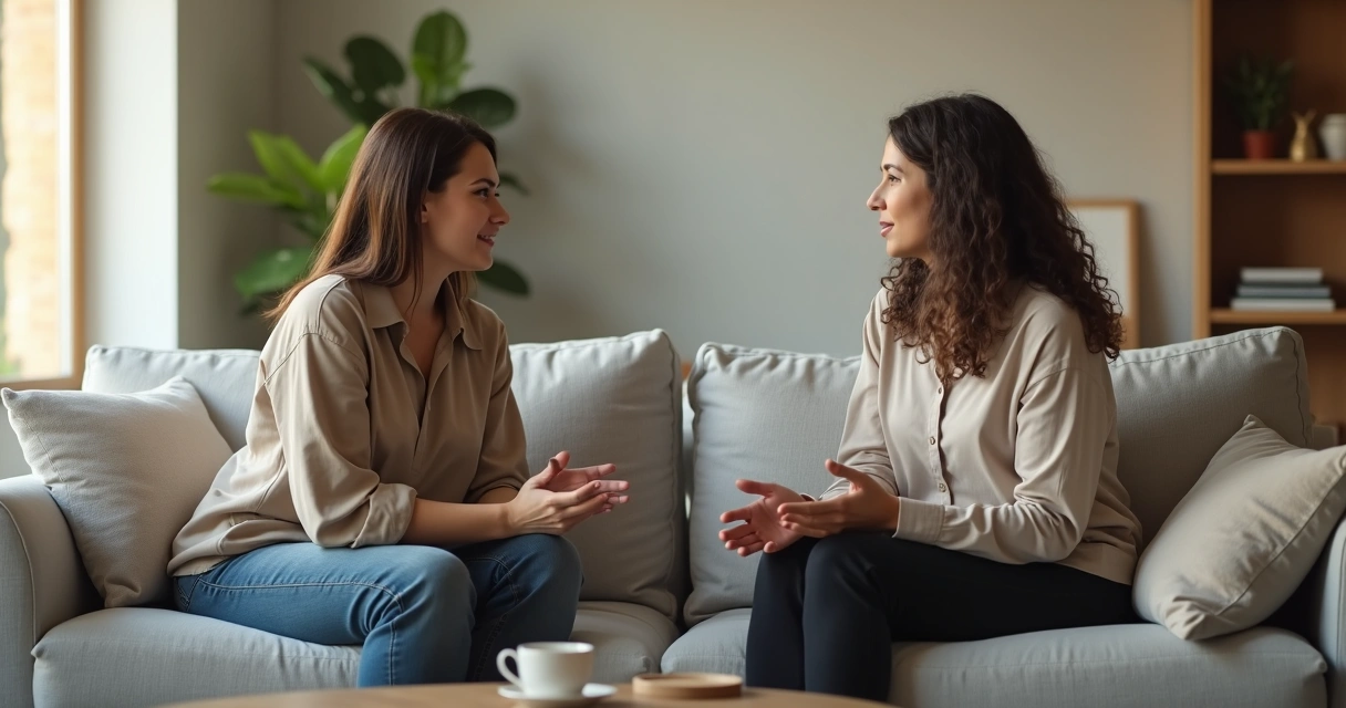 Dos personas conversan en un sofá practicando escucha activa 