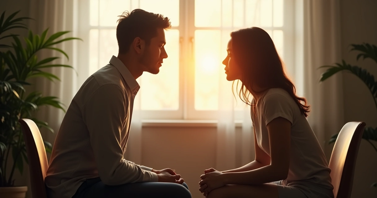 Dos personas sentadas frente a frente, reflejando sus emociones en el rostro del otro 