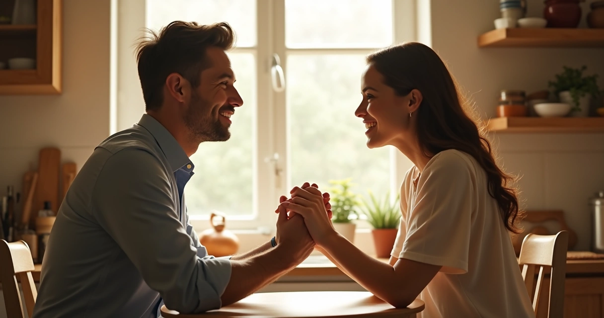 Pareja sentada frente a frente escuchándose atentamente