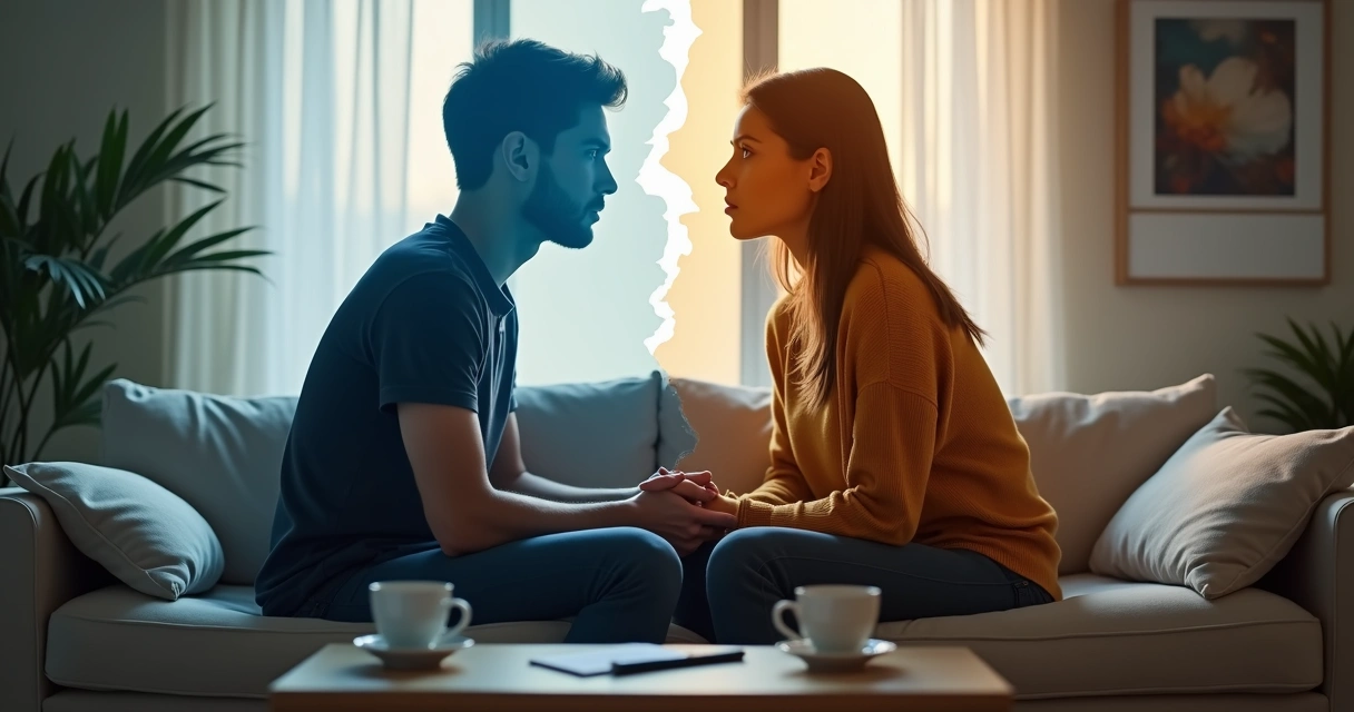 Dos personas sentadas en sofá mirando en direcciones opuestas con conversación dibujada rota entre ellas 
