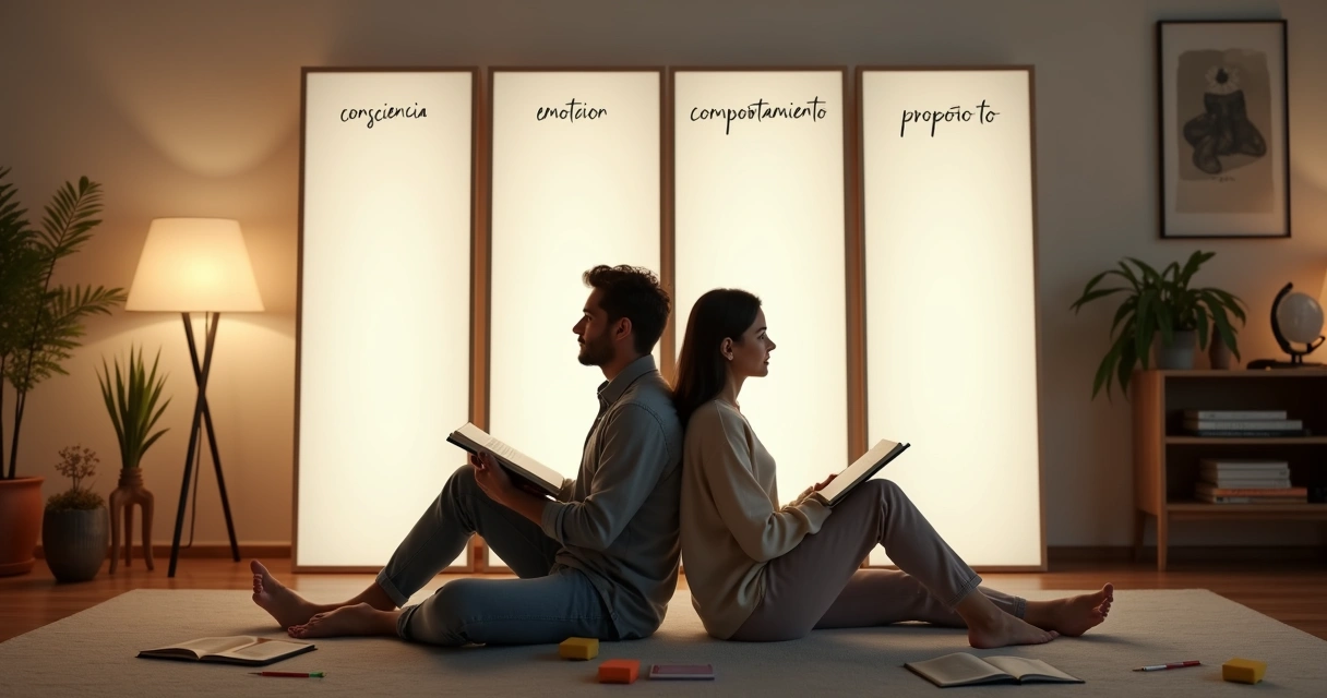 Pareja sentada en el suelo de la sala reflexionando junta frente a un tríptico con palabras clave 