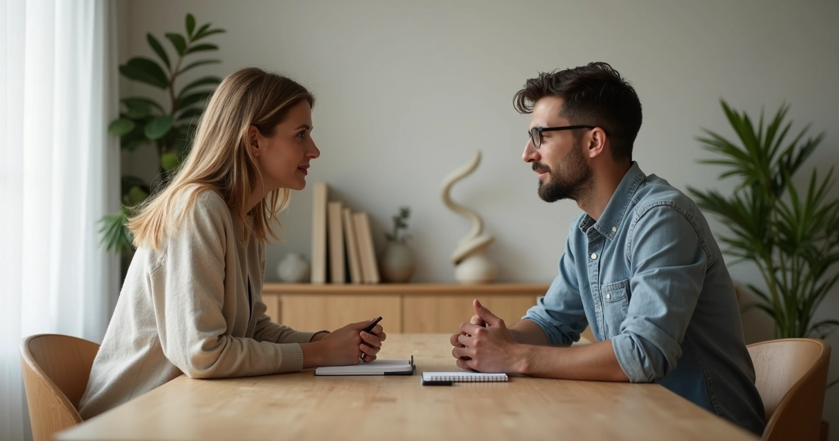 Pareja sentada frente a frente conversando con conexión consciente 