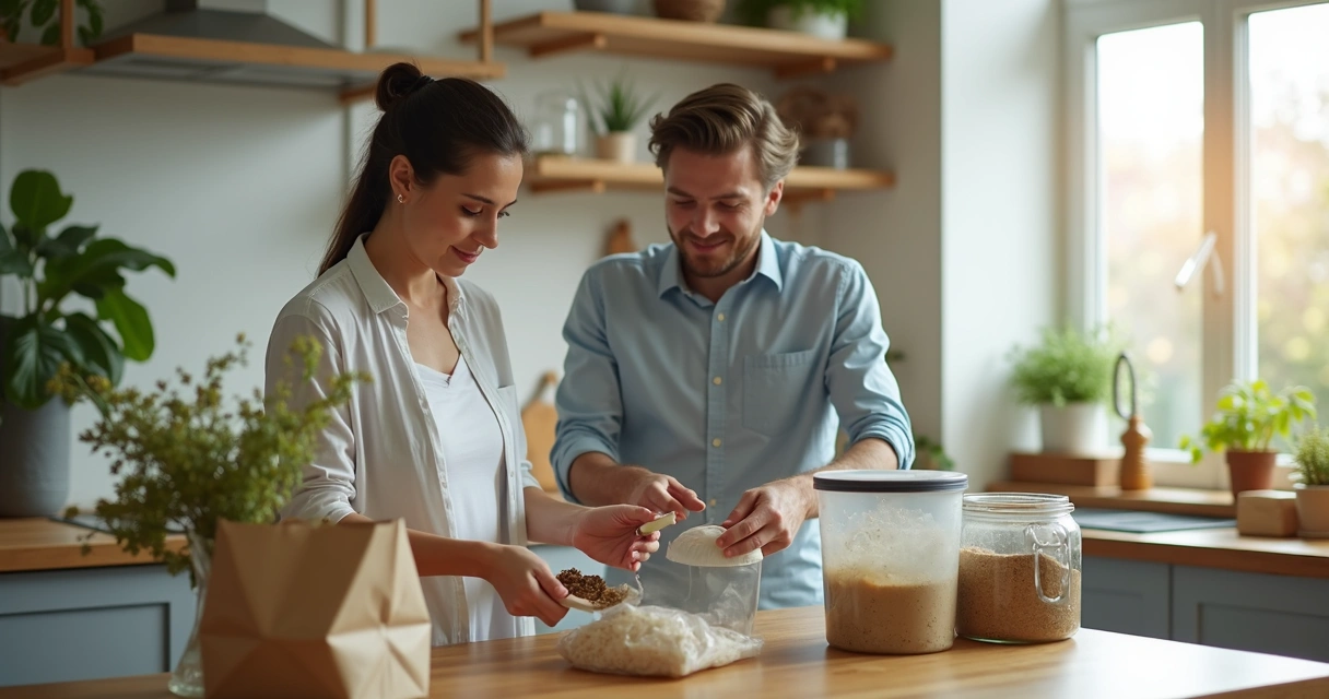 Pareja separando residuos en una cocina luminosa