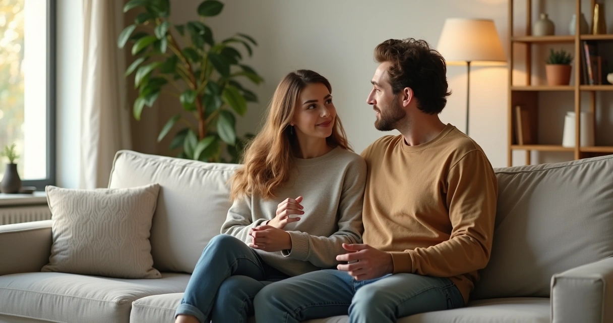 Pareja conversando con conexión emocional en un sofá iluminado por luz suave 