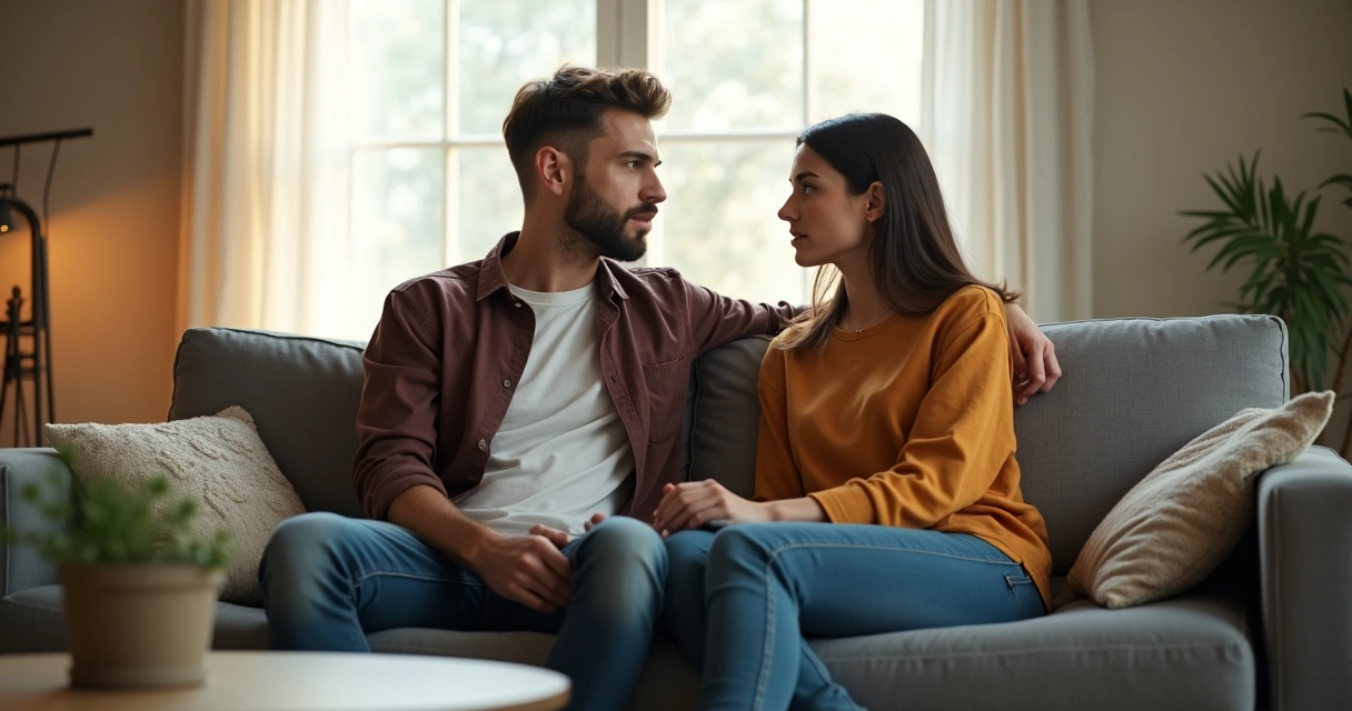 Pareja sentados conversando en sofá