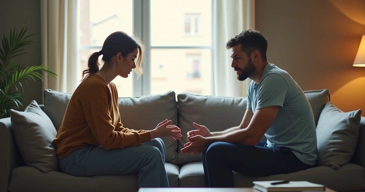 Pareja sentada en un sofá mirándose con distancia emocional 