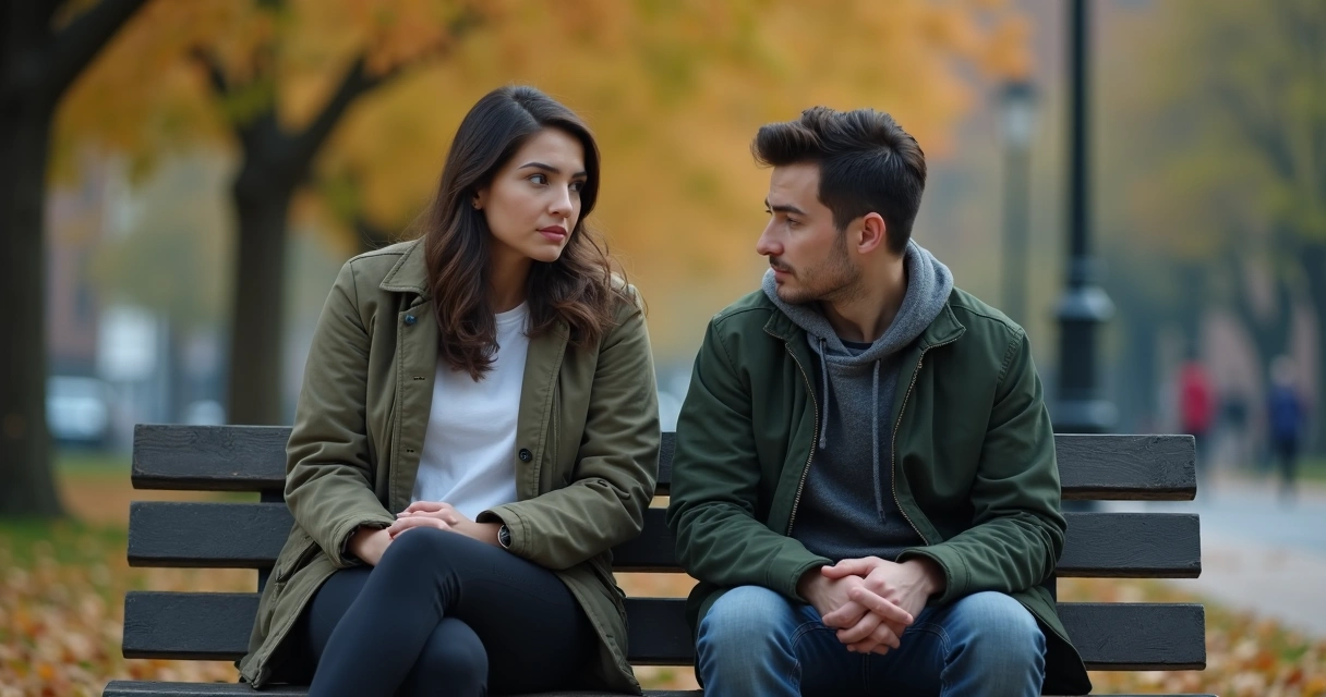 Pareja sentada en un banco, uno de ellos mirando hacia abajo con gesto inseguro, mientras el otro mira hacia adelante 