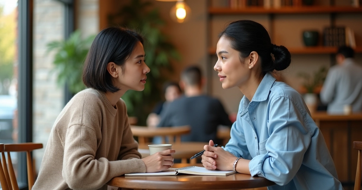Pareja conversando con calma sentada frente a frente en un café iluminado 