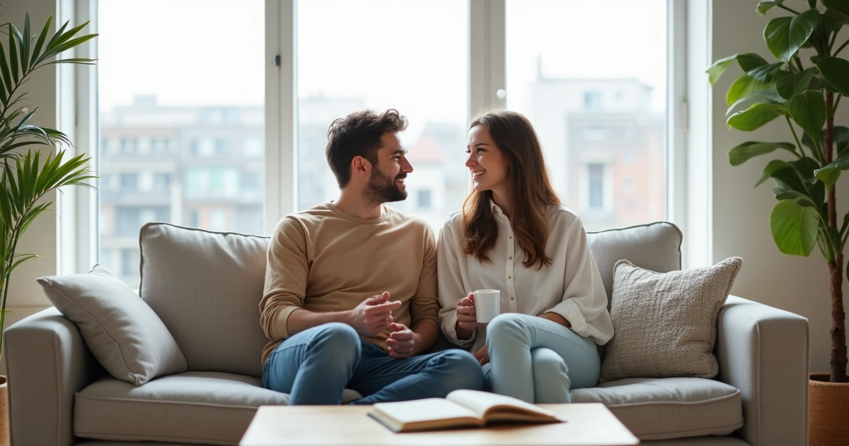 Pareja conversando con calma en un sofá en una sala luminosa 