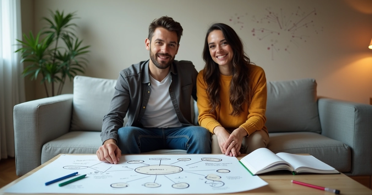 Pareja sentada en un sofá mirando un mapa de conexiones emocionales 