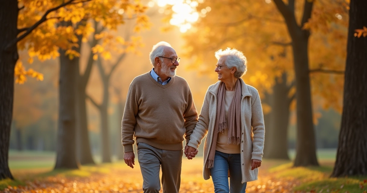 Pareja mayor caminando juntos por parque en otoño