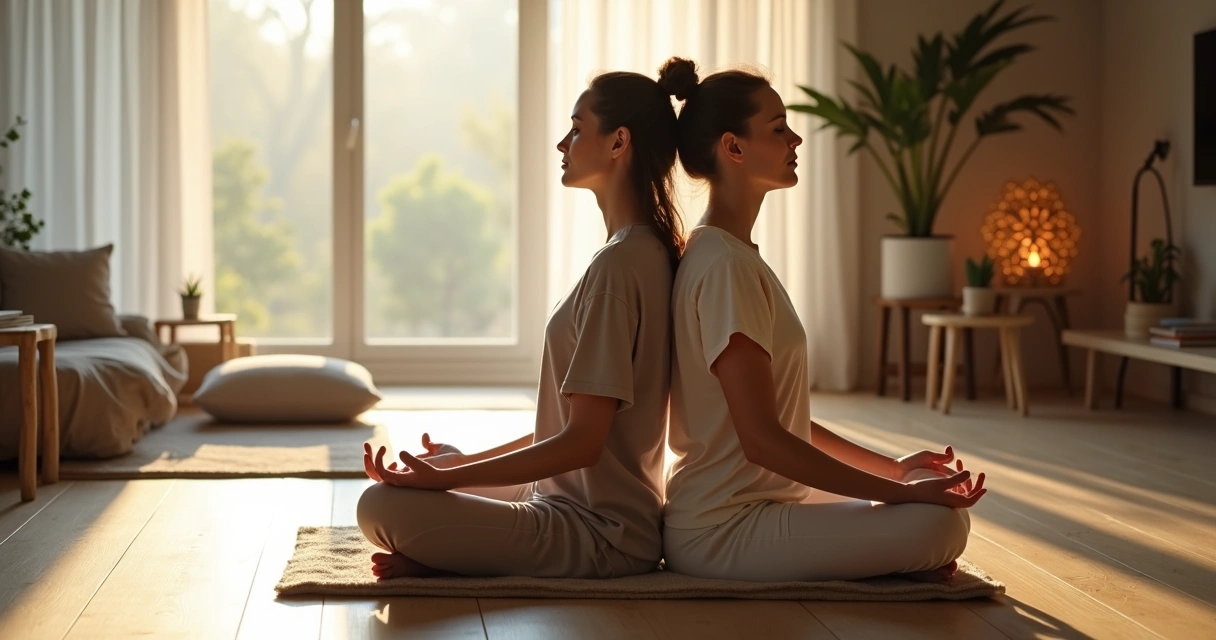 Pareja sentada de espaldas meditando juntos en el suelo de un salón luminoso 