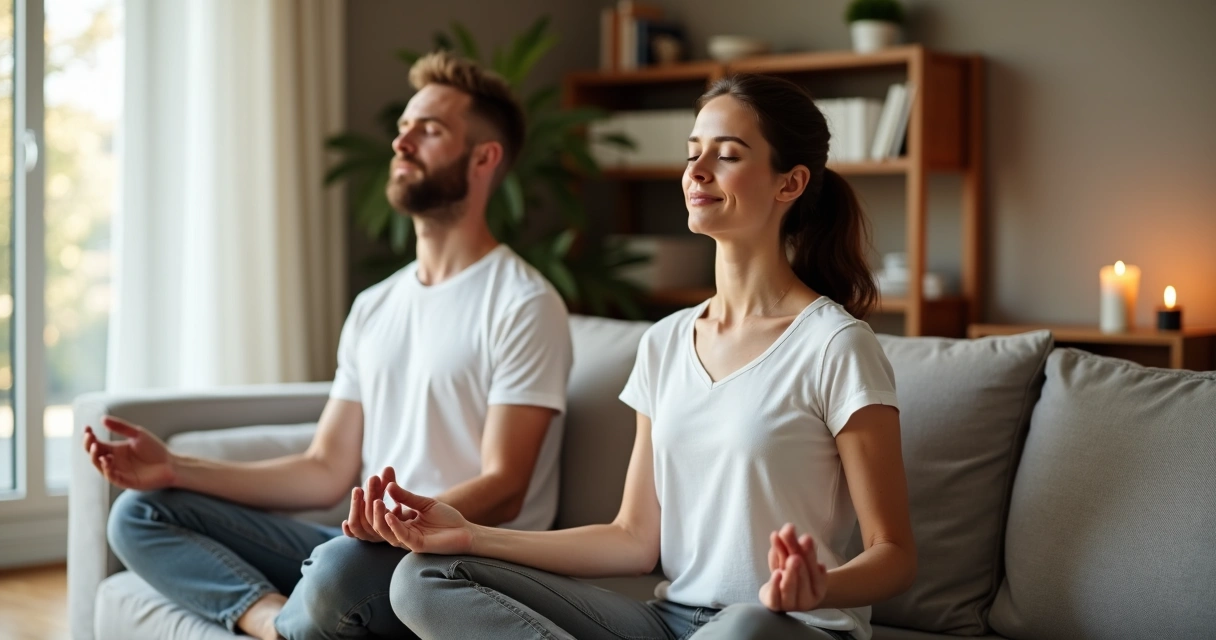 Pareja sentada en un sofá respirando juntos con serenidad 