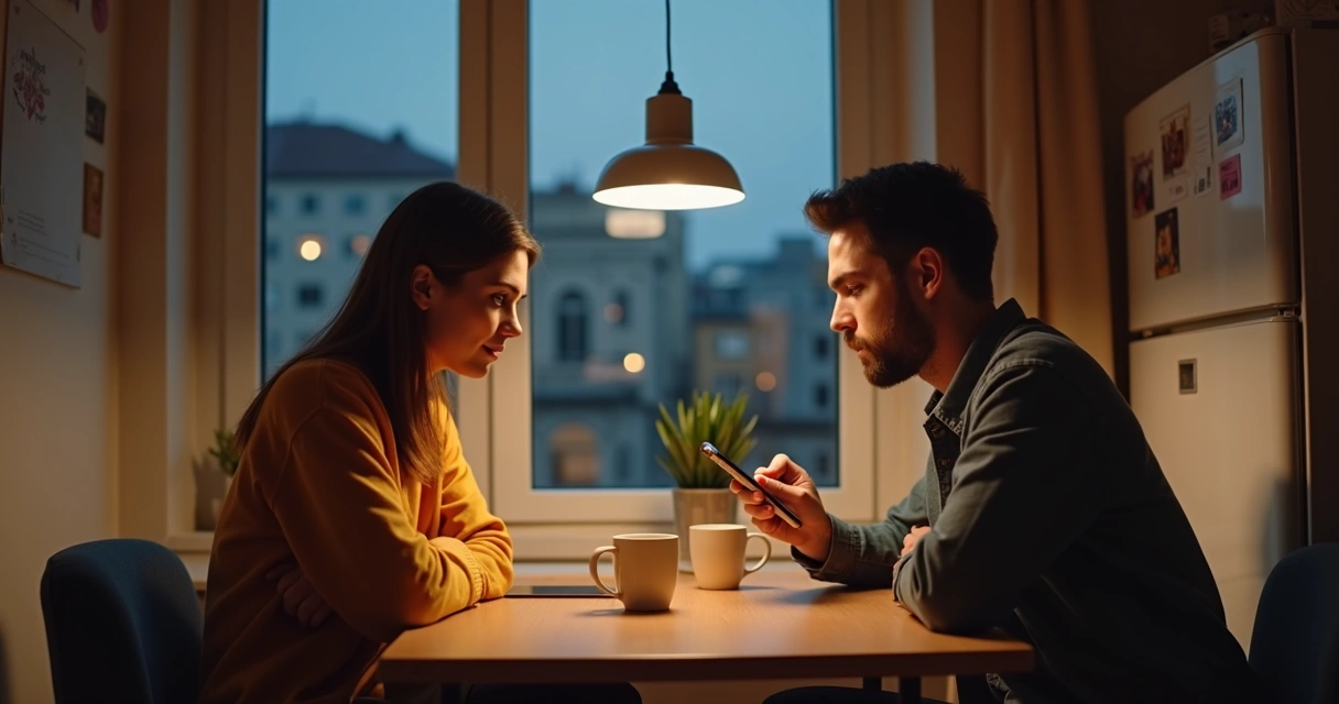 Pareja sentada en una mesa con tensión silenciosa y distancia emocional 