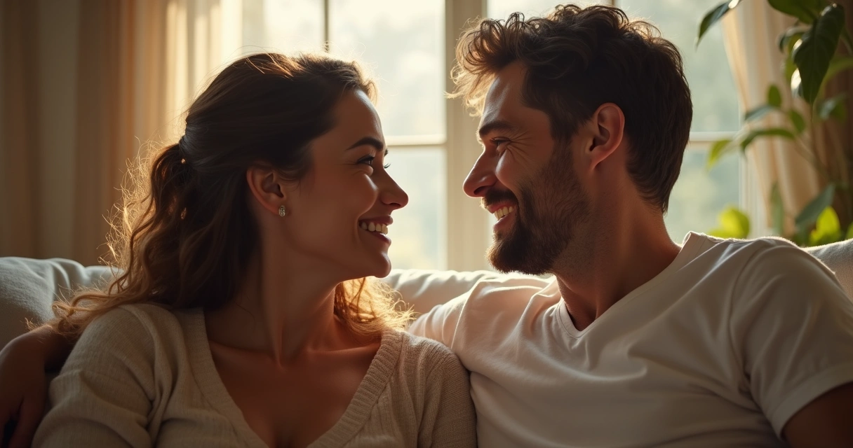 Pareja mirándose con serenidad y armonía compositiva 