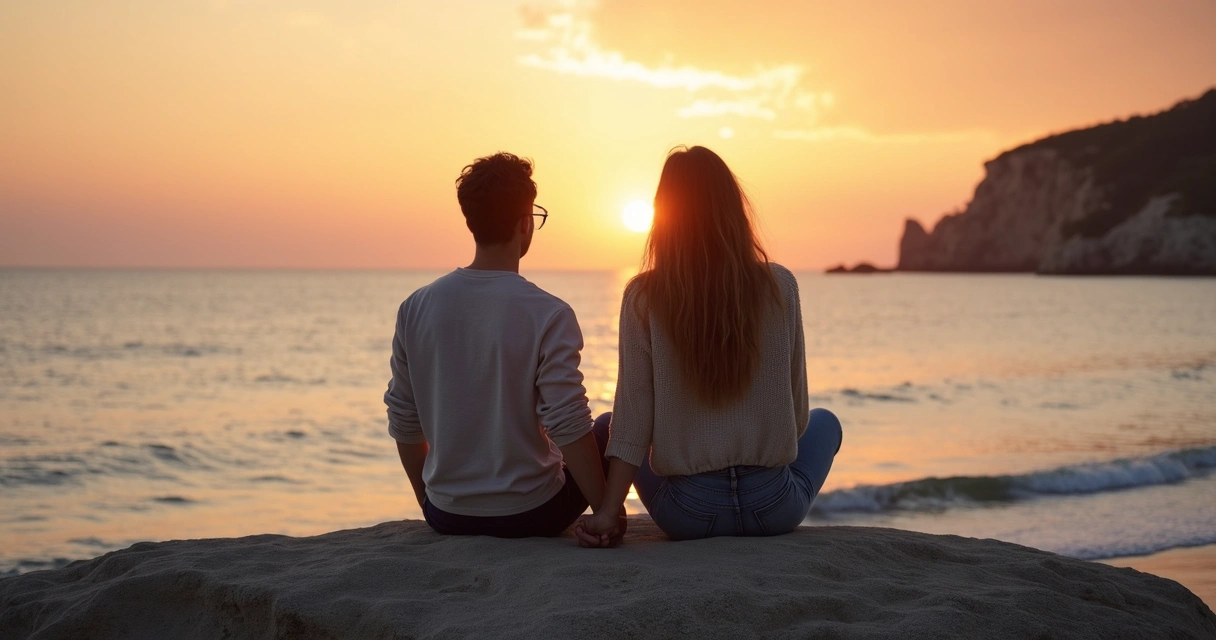 Pareja de espaldas sentada en una roca mirando el mar al atardecer 