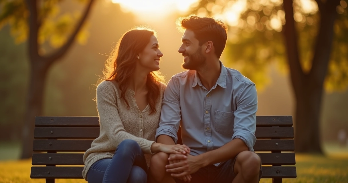 Pareja mirándose a los ojos sentados en un banco en un parque 