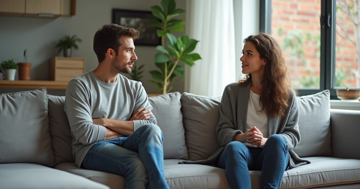 Pareja sentada hablando en un sofá moderno 