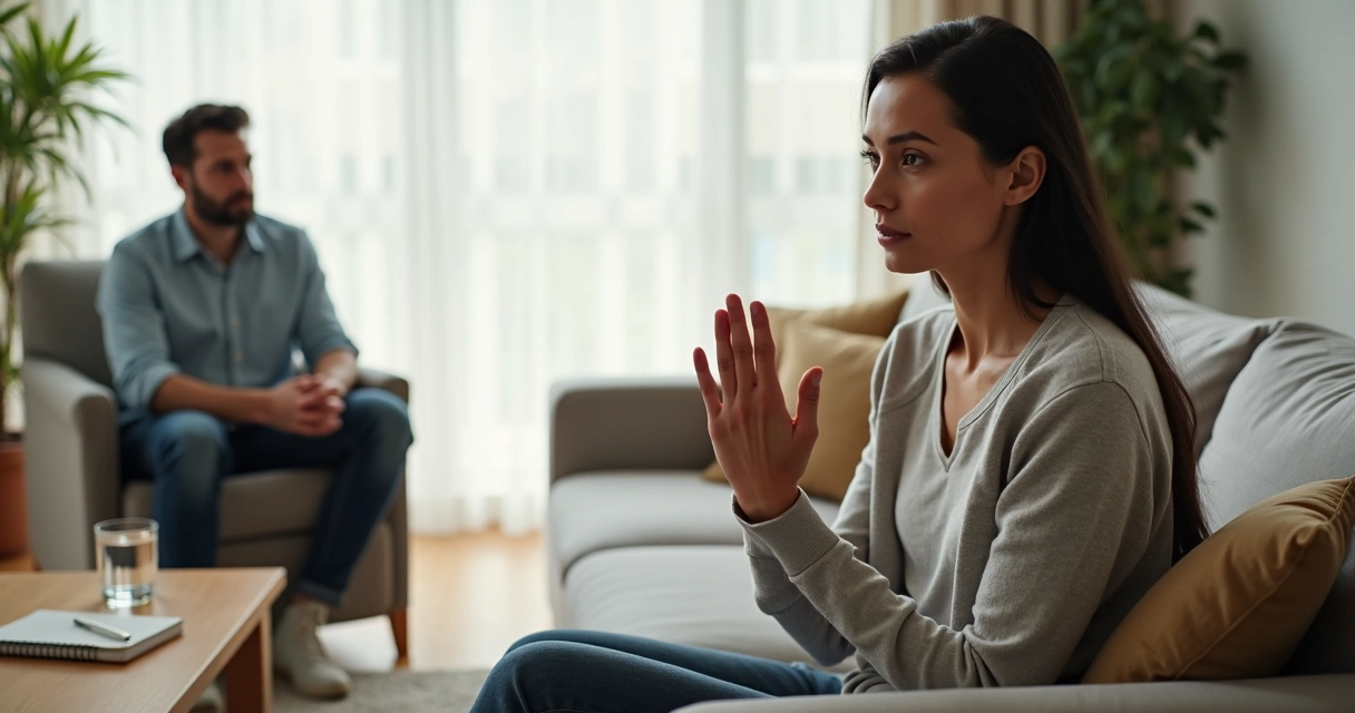 Persona marcando un límite con calma en una conversación cercana 