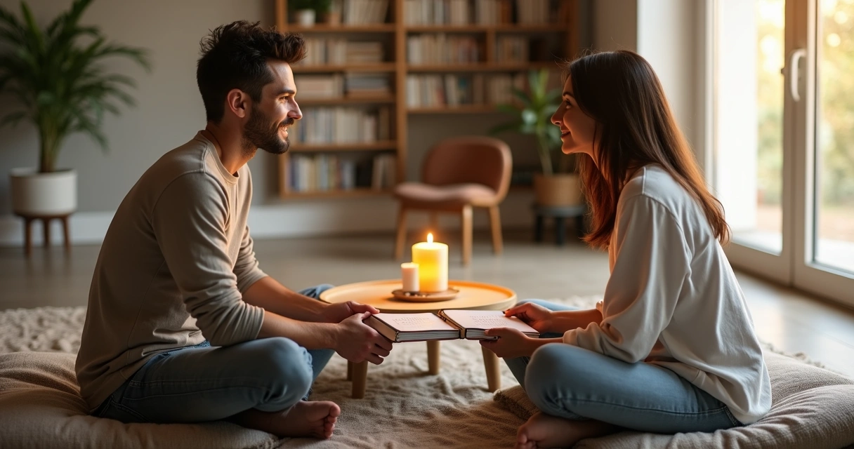 Pareja sentada frente a frente practicando conciencia relacional consciente 