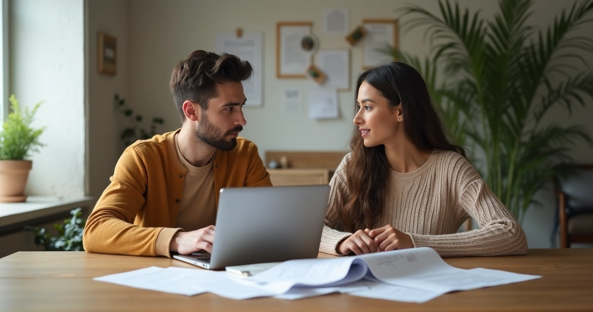 Pareja revisando el presupuesto de su casa juntos en la sala 
