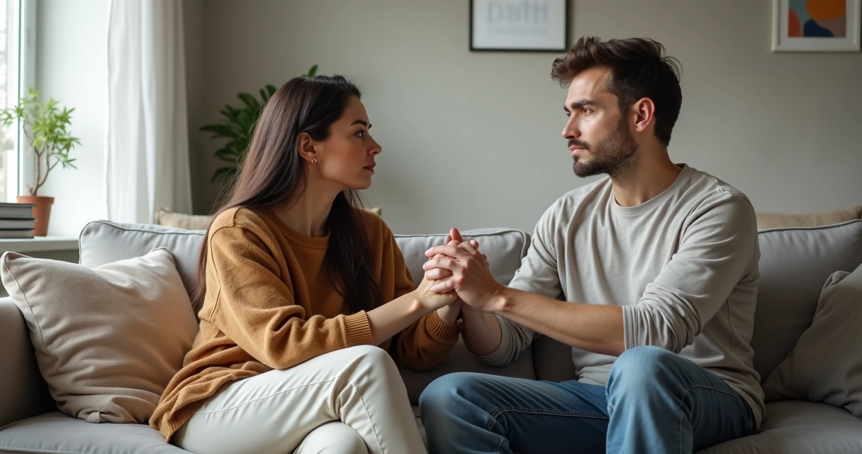 Pareja sentada en un sofá tomados de las manos tras una conversación profunda 