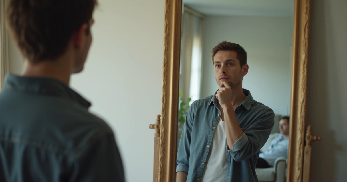 Persona observando su reflejo mientras su pareja se ve desenfocada al fondo
