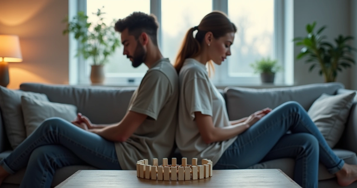 Pareja sentada espalda con espalda reflexionando sobre su relación 