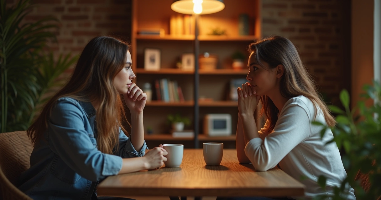 Pareja sentada frente a frente en una mesa, conversando con expresión reflexiva. 
