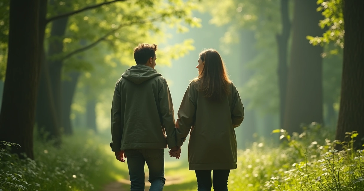 Pareja caminando juntos por un bosque, reflexionando en silencio